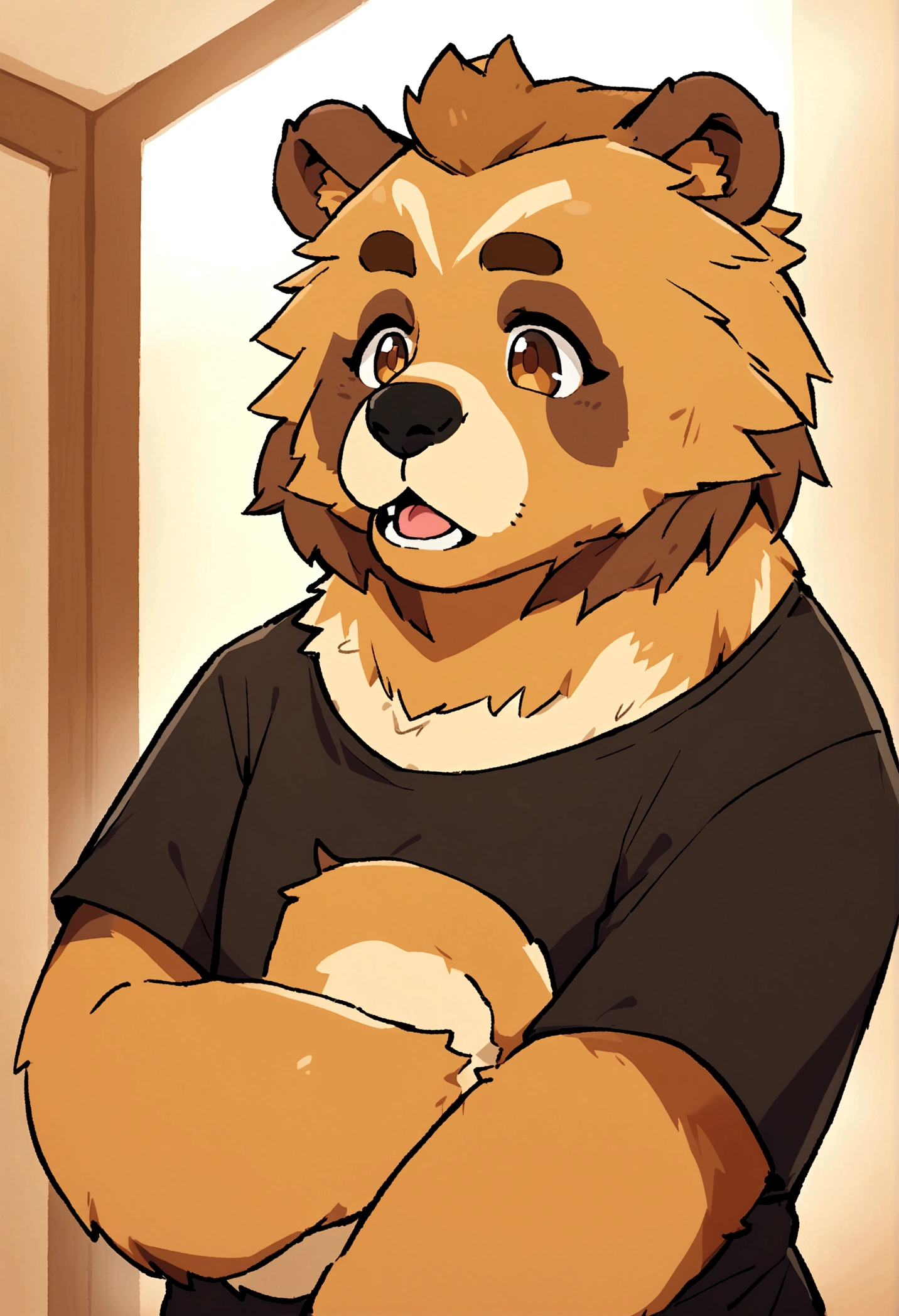 a grizzly bear fursona with brown eyes and a black t-shirt.