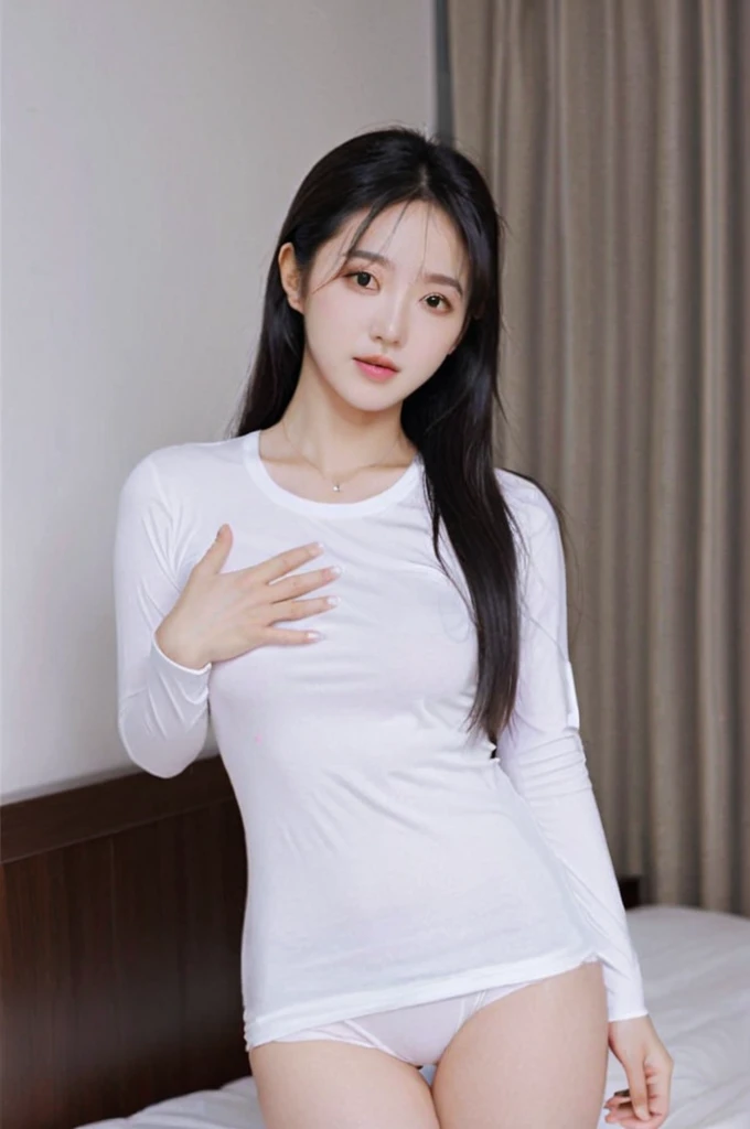 close-up of beautiful Chinese, Ningning is a AESPA South Korean pop girl group, age 22 years old girl, youthful face, white skin body, perfect body, very long hair, black hair, straight hair, bust size 36 inches, wearing a tight plain light white sleeved t-shirt, wearing a tight plain light white short pants, Ningning holding breasts with her own two hands is very sexy and sigh, Ningning squeezes the breasts very seductively, sexy looking pose, pose a naughty look, pose looks seductive, at a boyfriend bedroom, UHD