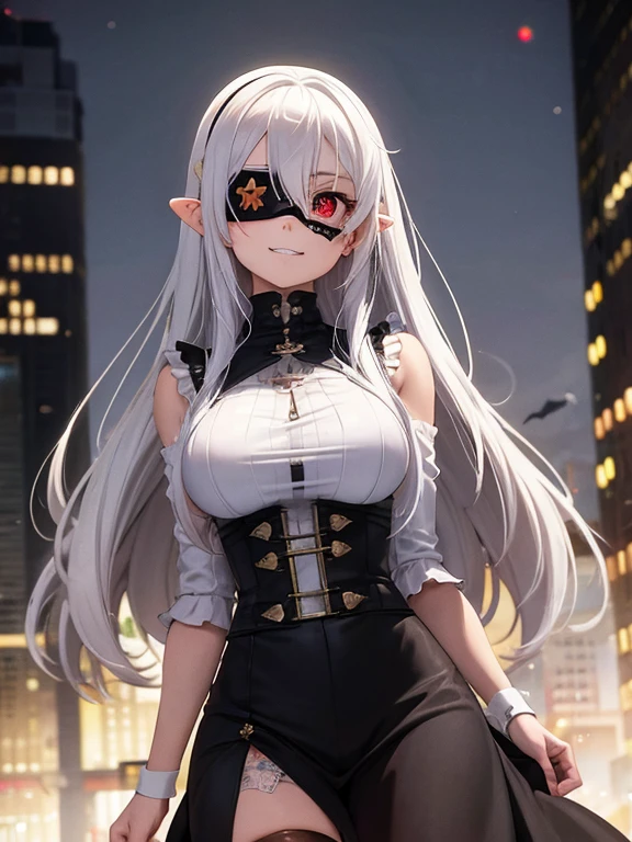 One girl, (alone), Anime girl with long white hair and red eyes, White Hair Girl, girl in white turtleneck, ((Eye patch)), Pointy Ears, ((vampire)), Grin, Conceit, Mouth closed, Cowboy Shot, Perfect white hair girl, White-haired God, Digital Cyberpunk Anime Art, turtleneck, Lens flare, ((Dramatic lighting)), Soft glowing red eyes, Very detailed, masterpiece, View your viewers, Background city, (night)