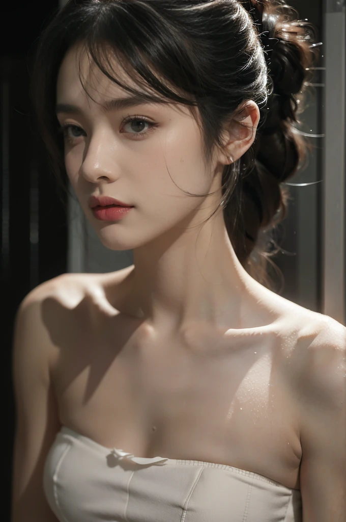 (((best quality))),(((ultra detailed))),(((masterpiece))),illustration,1girl, young,solo, slim,thin,short ponytail,small breasts,flat chest,(strapless white bra:1.3),rainy night, heavy rain, drenched, melancholy expression, solitude, tear rolling down cheek, wet hair, empty streets, dimly lit, deserted environment, sound of rain, footsteps, symbol of hope, abandoned, resilience, determination, walking in rain, heartbreak, loss, love fading, loneliness, body language, facial expression, dreary atmosphere, rain-soaked streets, somber mood, viewer engagement,((close-up of face,from front)),urban scape,night scene
