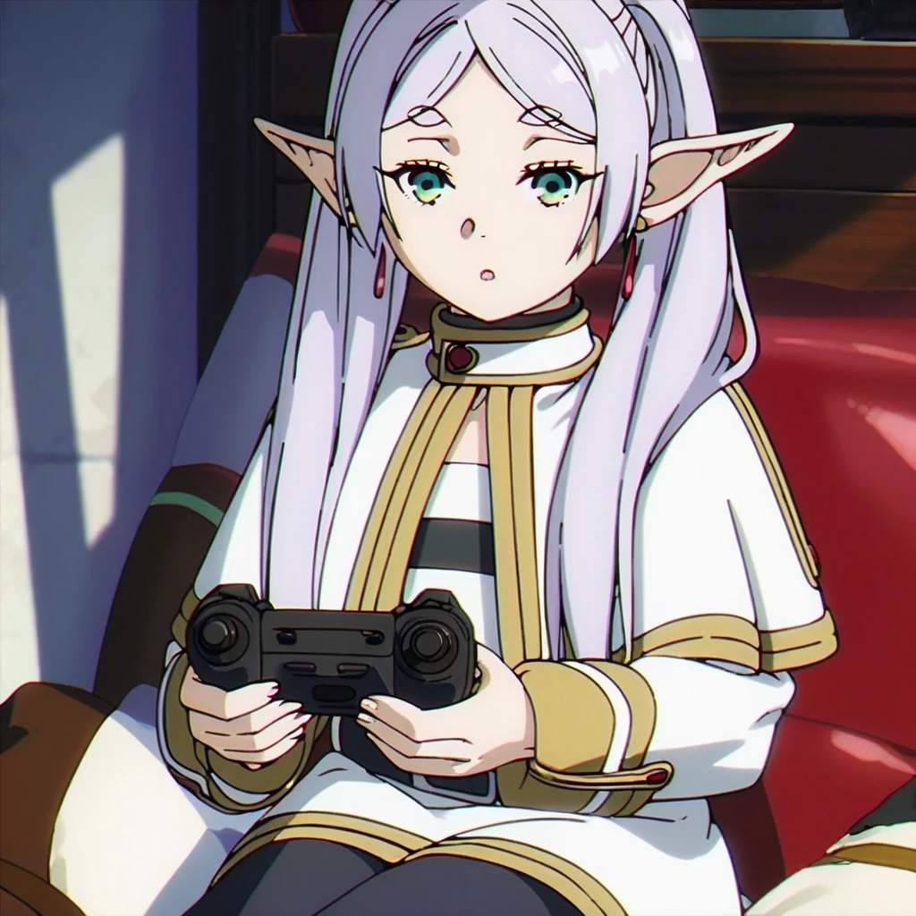 1girl, sfrieren, solo, elf, pointy ears, silver hair, white hair, green eyes, small breasts, flat chest, BREAK
robe, black pantyhose, brown boots, belt, capelet, upper body, sitting, BREAK
holding a videogame controller, holding, sit, sitting on a puff, puff, BREAK
score_9, score_8_up, score_7_up, score_6_up, anime,
(high quality, detailed, beautiful), shiny, detailed beautiful eyes, outstanding, countershading, detailed soft lighting
