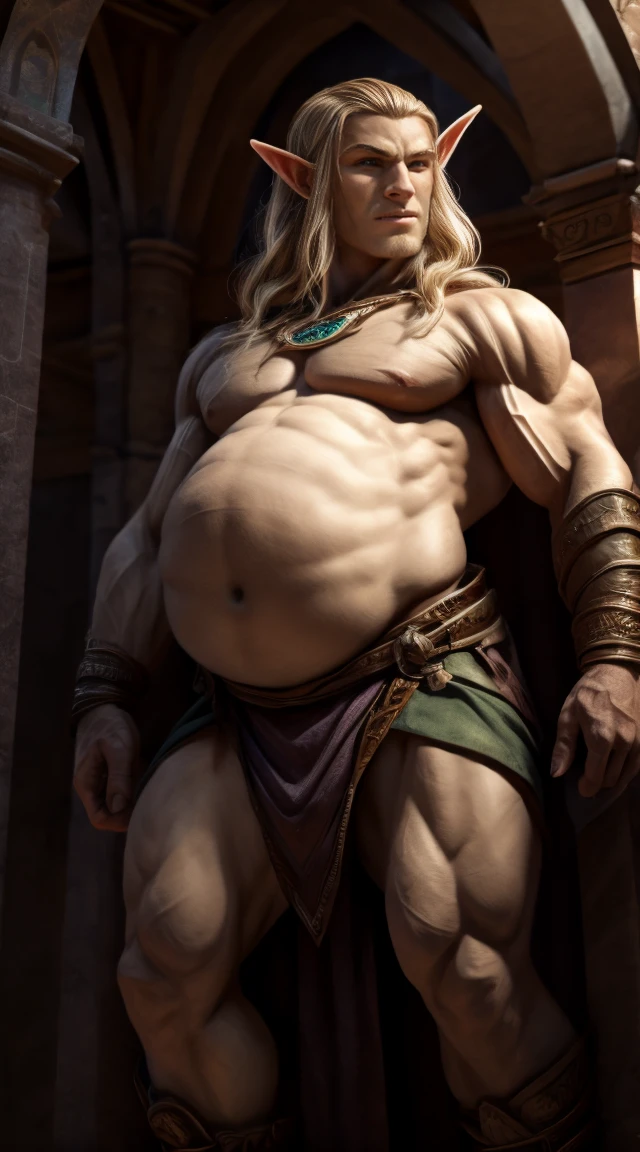 An elf, erected,  Big Stomach, strong and fleshy upper body, ultra detailed, belly more bulging at the bottom