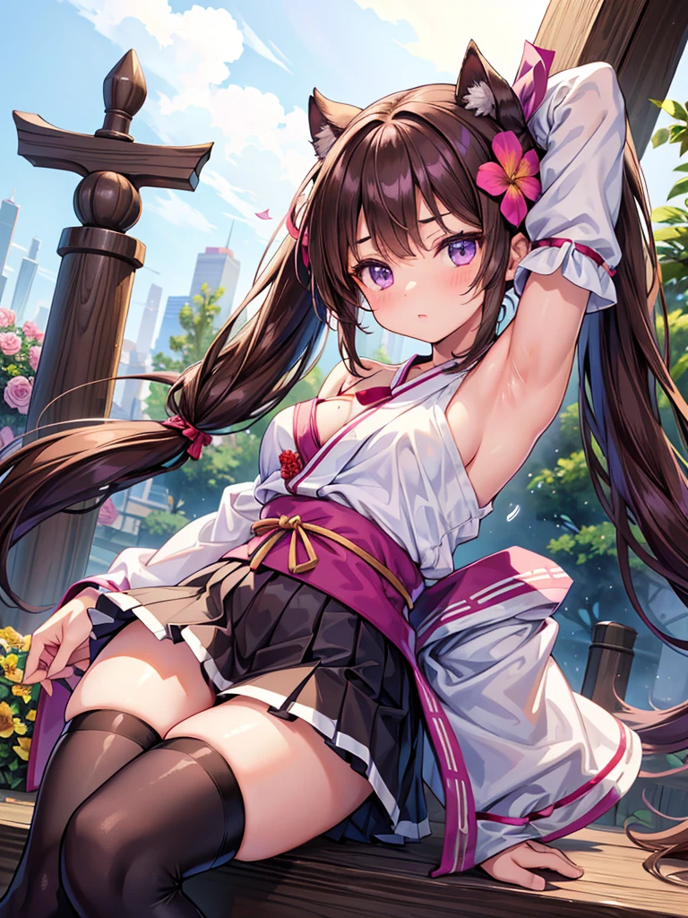 A late teenage girl with a young face, purple eyes, brown hair tied to a twin tail with a flower ribbon, C cup breasts, white mini shrine maiden clothes have no sleeves and fits perfectly on the skin In a miniskirt with a visible shoulder, armpits, and side milk. , Black stockings, brown high boots,