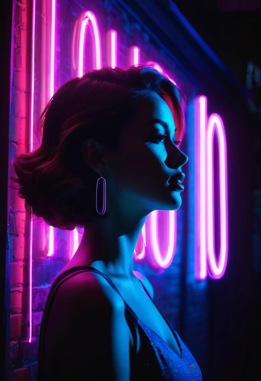 Side face silhouette，Shadow of beautiful woman under neon sign,Huge neon signboard，(Neon sign with text:1.5)
