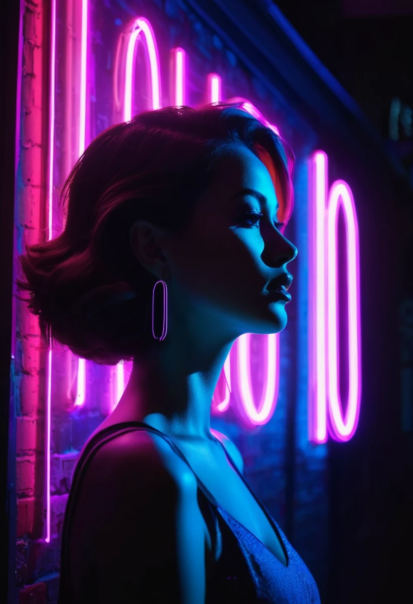 Side face silhouette,Shadow of beautiful woman under neon sign,Huge neon signboard,(Neon sign with text:1.5)