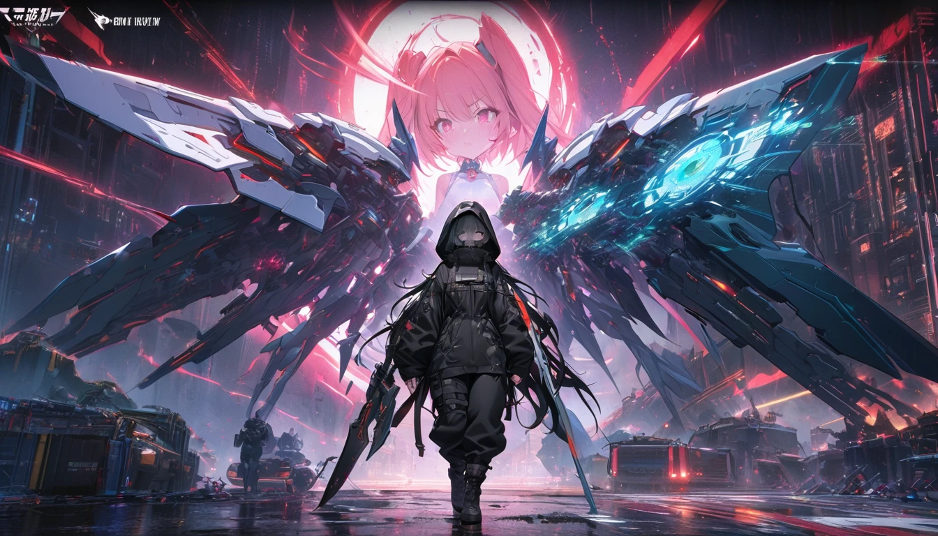 (masterpiece, best quality), 8k wallpaper, best illustration, 2020s, gigantic mechanical wings and Grim Reaper's scythe and girl fused with a robot in oversized techwear and anime and Giant Mechanical Weapon and glitch noise and overlays of binary code,