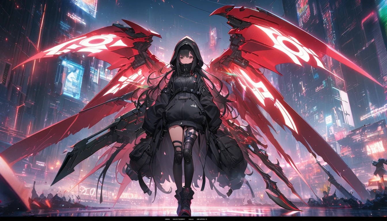 (masterpiece, best quality), 8k wallpaper, best illustration, 2020s, gigantic mechanical wings and Grim Reaper's scythe and girl fused with a robot in oversized techwear and anime and Giant Mechanical Weapon and glitch noise and overlays of binary code,