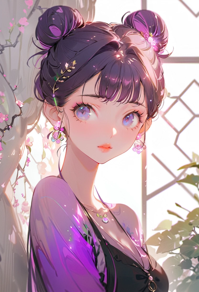 暗闇のcyber punkシティのローファイスタイルの女の子 、((cyber punk))、((Beautiful girl with perfect features)),((One girl))、((One is a photo of a girl with purple hair..))、((Purple long hair bun girl))、One of them has ocean-pinkish purple eyes.、very_Long eyelashes, Detailed lips, A radiant smile, Tight Skirt、Hand in hand、Soft Skin, Shiny Hair,Vibrant Background, quality\(8K,非常に精細なCGユニットのwallpaper, masterpiece,High resolution,top-quality,top-quality real texture skin,Super 2D,Increase the resolution,RAW Photos,最高quality,Very detailed,wallpaper,Ray Tracing,Golden Ratio\),[Browsing Caution]