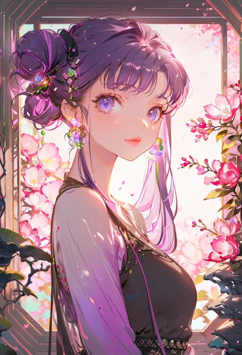 暗闇のcyber punkシティのローファイスタイルの女の子 、((cyber punk))、((Beautiful girl with perfect features)),((One girl))、((One is a photo of a girl with purple hair..))、((Purple long hair bun girl))、One of them has ocean-pinkish purple eyes.、very_Long eyelashes, Detailed lips, A radiant smile, Tight Skirt、Hand in hand、Soft Skin, Shiny Hair,Vibrant Background, quality\(8K,非常に精細なCGユニットのwallpaper, masterpiece,High resolution,top-quality,top-quality real texture skin,Super 2D,Increase the resolution,RAW Photos,最高quality,Very detailed,wallpaper,Ray Tracing,Golden Ratio\),[Browsing Caution]