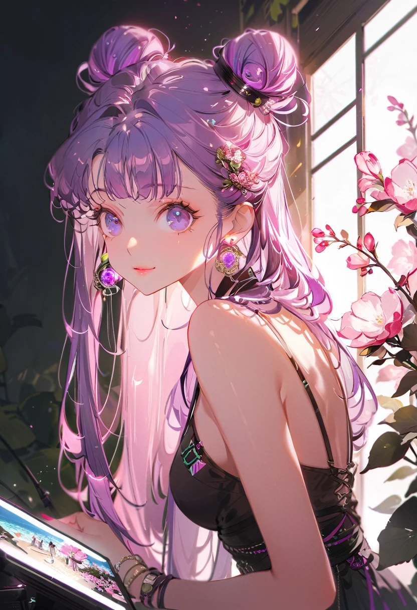 暗闇のcyber punkシティのローファイスタイルの女の子 、((cyber punk))、((Beautiful girl with perfect features)),((One girl))、((One is a photo of a girl with purple hair..))、((Purple long hair bun girl))、One of them has ocean-pinkish purple eyes.、very_Long eyelashes, Detailed lips, A radiant smile, Tight Skirt、Hand in hand、Soft Skin, Shiny Hair,Vibrant Background, quality\(8K,非常に精細なCGユニットのwallpaper, masterpiece,High resolution,top-quality,top-quality real texture skin,Super 2D,Increase the resolution,RAW Photos,最高quality,Very detailed,wallpaper,Ray Tracing,Golden Ratio\),[Browsing Caution]