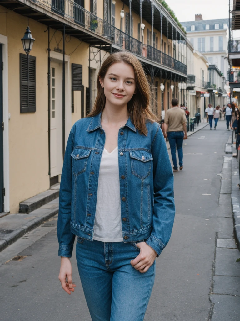 her name is Elle, high quality, 1girl, ((20-year-old fit Caucasian woman)), ((20 years old)), ((fit)), ((pale skin)), short length straight dark hair , wearing Deconstructed Denim Jacket + High-Waisted Utility Cargo Pants, pose: standing, background: Capture the lively atmosphere of the French Quarter in New Orleans, with its vibrant jazz music, historic Creole townhouses, and bustling Bourbon Street