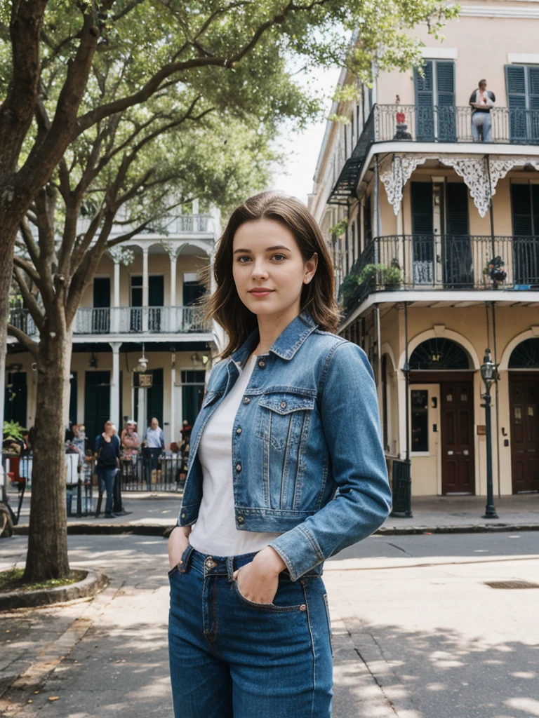 her name is Elle, high quality, 1girl, ((20-year-old fit Caucasian woman)), ((20 years old)), ((fit)), ((pale skin)), short length straight dark hair , wearing Deconstructed Denim Jacket + High-Waisted Utility Cargo Pants, pose: standing, background: Capture the lively atmosphere of the French Quarter in New Orleans, with its vibrant jazz music, historic Creole townhouses, and bustling Bourbon Street