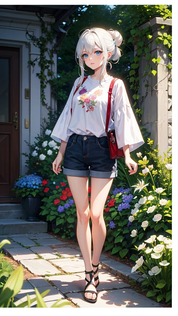 anime style, androgynous and handsome chico, White hair, blue eyes, Her hair, worn in a bun, is decorated with flowers., Shorts, surrounded by flowers, in a garden, Lilies, rose, poppies, fondo de pantalla 4k de high quality, rendering, rendering super detailed, 2D, super detailed, high quality, 4k, HD, cabello de high quality
