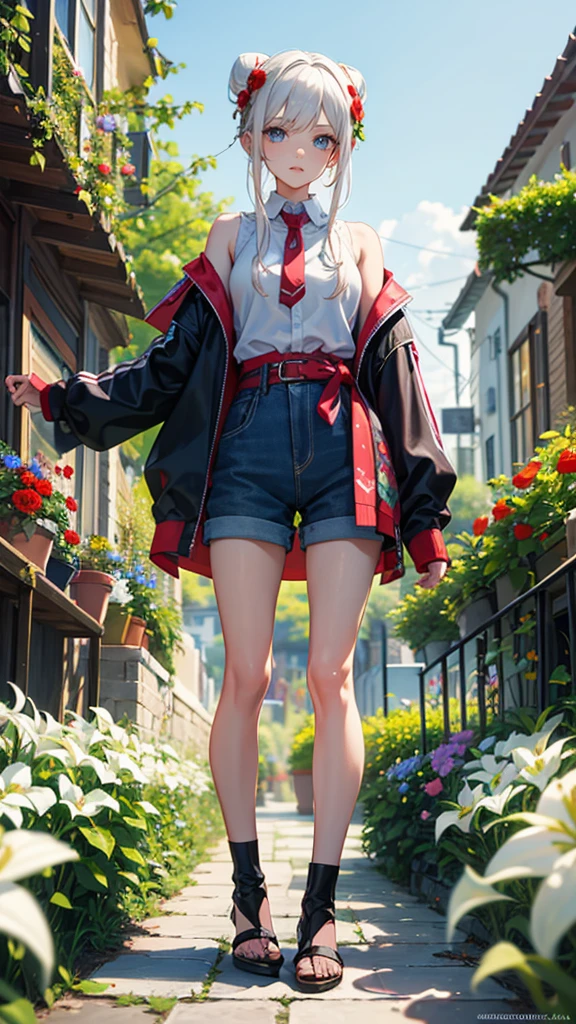 anime style, androgynous and handsome chico, White hair, blue eyes, Her hair, worn in a bun, is decorated with flowers., Shorts, surrounded by flowers, in a garden, Lilies, rose, poppies, fondo de pantalla 4k de high quality, rendering, rendering super detailed, 2D, super detailed, high quality, 4k, HD, cabello de high quality