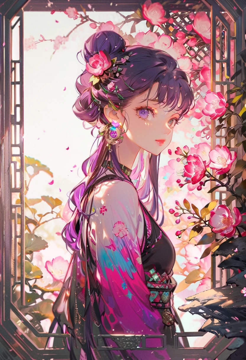 暗闇のcyber punkシティのローファイスタイルの女の子 、((cyber punk))、((Beautiful girl with perfect features)),((One girl))、((One is a photo of a girl with purple hair..))、((Purple long hair bun girl))、One of them has ocean-pinkish purple eyes.、very_Long eyelashes, Detailed lips, A radiant smile, Tight Skirt、Hand in hand、Soft Skin, Shiny Hair,Vibrant Background, quality\(8K,非常に精細なCGユニットのwallpaper, masterpiece,High resolution,top-quality,top-quality real texture skin,Super 2D,Increase the resolution,RAW Photos,最高quality,Very detailed,wallpaper,Ray Tracing,Golden Ratio\),[Browsing Caution]
