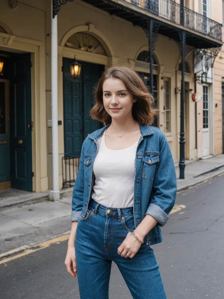 her name is Elle, high quality, 1girl, ((20-year-old fit Caucasian woman)), ((20 years old)), ((fit)), ((pale skin)), short length straight dark hair , wearing Deconstructed Denim Jacket + High-Waisted Utility Cargo Pants, pose: standing, background: Capture the lively atmosphere of the French Quarter in New Orleans, with its vibrant jazz music, historic Creole townhouses, and bustling Bourbon Street