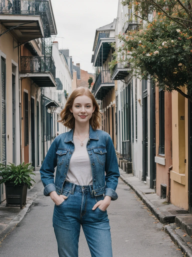 her name is Elle, high quality, 1girl, ((20-year-old fit Caucasian woman)), ((20 years old)), ((fit)), ((pale skin)), short length straight dark hair , wearing Deconstructed Denim Jacket + High-Waisted Utility Cargo Pants, pose: standing, background: Capture the lively atmosphere of the French Quarter in New Orleans, with its vibrant jazz music, historic Creole townhouses, and bustling Bourbon Street