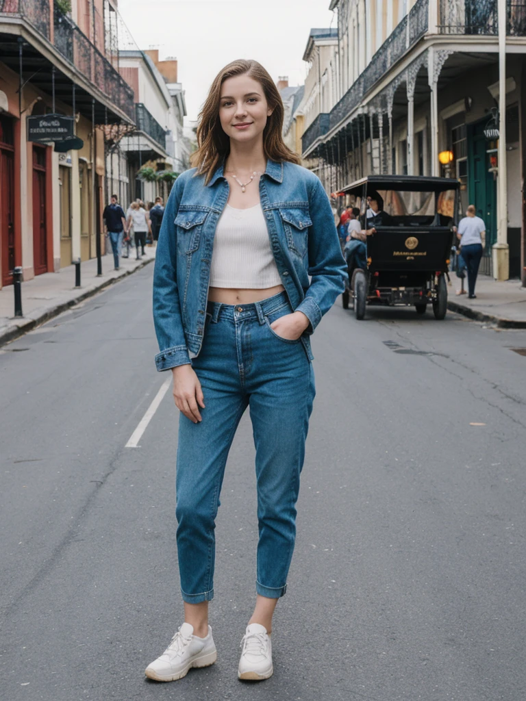 her name is Elle, high quality, 1girl, ((20-year-old fit Caucasian woman)), ((20 years old)), ((fit)), ((pale skin)), short length straight dark hair , wearing Deconstructed Denim Jacket + High-Waisted Utility Cargo Pants, pose: standing, background: Capture the lively atmosphere of the French Quarter in New Orleans, with its vibrant jazz music, historic Creole townhouses, and bustling Bourbon Street