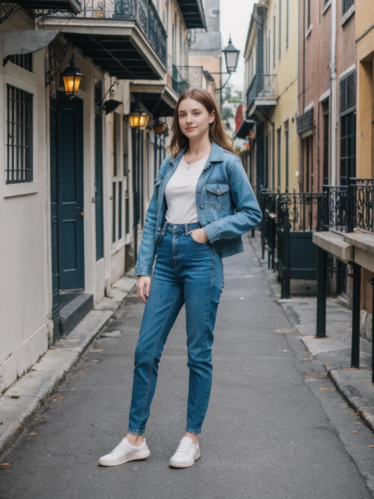 her name is Elle, high quality, 1girl, ((20-year-old fit Caucasian woman)), ((20 years old)), ((fit)), ((pale skin)), short length straight dark hair , wearing Deconstructed Denim Jacket + High-Waisted Utility Cargo Pants, pose: standing, background: Capture the lively atmosphere of the French Quarter in New Orleans, with its vibrant jazz music, historic Creole townhouses, and bustling Bourbon Street