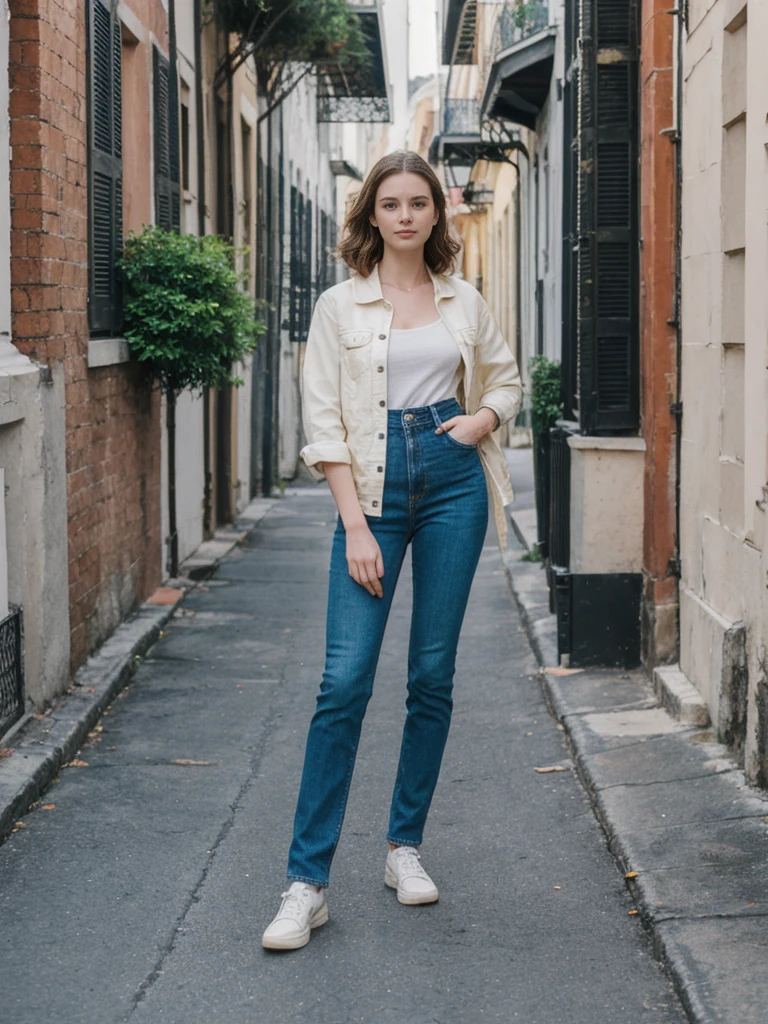 her name is Elle, high quality, 1girl, ((20-year-old fit Caucasian woman)), ((20 years old)), ((fit)), ((pale skin)), short length straight dark hair , wearing Deconstructed Denim Jacket + High-Waisted Utility Cargo Pants, pose: standing, background: Capture the lively atmosphere of the French Quarter in New Orleans, with its vibrant jazz music, historic Creole townhouses, and bustling Bourbon Street