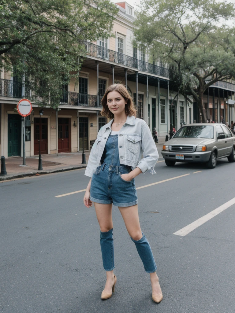 her name is Elle, high quality, 1girl, ((20-year-old fit Caucasian woman)), ((20 years old)), ((fit)), ((pale skin)), short length straight dark hair , wearing Deconstructed Denim Jacket + High-Waisted Utility Cargo Pants, pose: standing, background: Capture the lively atmosphere of the French Quarter in New Orleans, with its vibrant jazz music, historic Creole townhouses, and bustling Bourbon Street