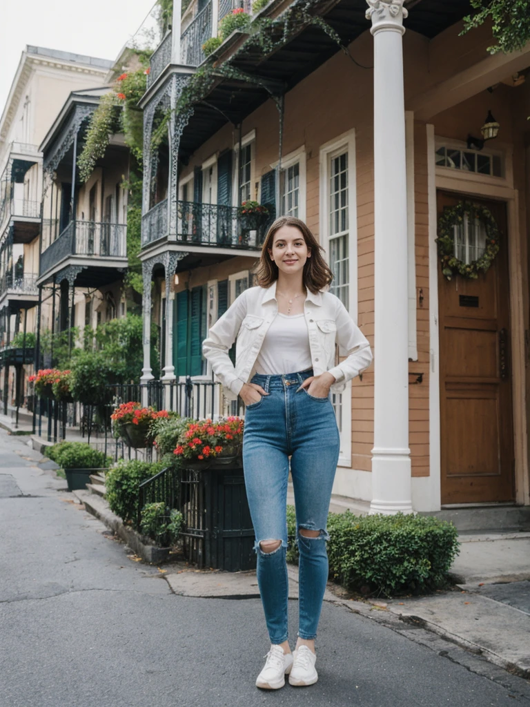 her name is Elle, high quality, 1girl, ((20-year-old fit Caucasian woman)), ((20 years old)), ((fit)), ((pale skin)), short length straight dark hair , wearing Deconstructed Denim Jacket + High-Waisted Utility Cargo Pants, pose: standing, background: Capture the lively atmosphere of the French Quarter in New Orleans, with its vibrant jazz music, historic Creole townhouses, and bustling Bourbon Street