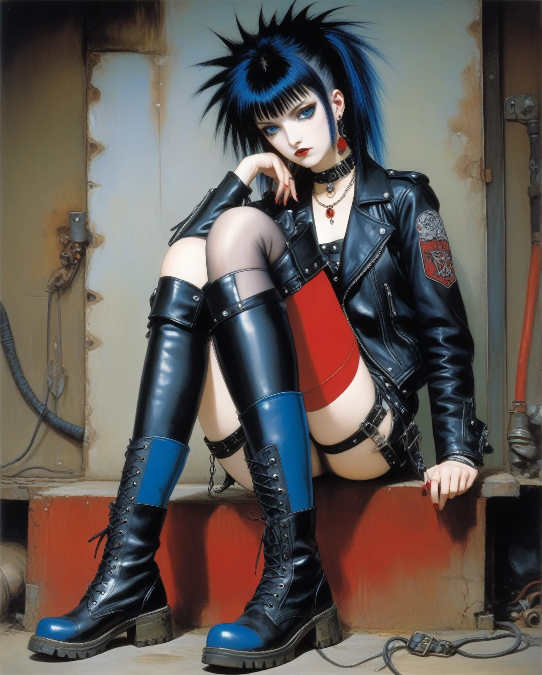 amano yoshitaka, Punk girl wearing black boots and red and black stockings, dressed in leather, with blue eyes, black hair, and fair skin, dressed in punk rock attire