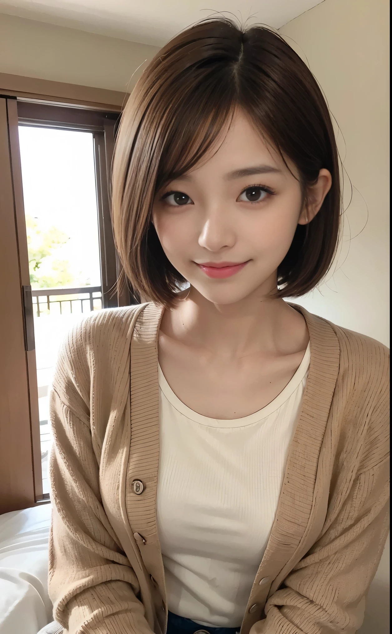 Cute 21 years old Japan、college、study、Super Detail Face、Eye of Detail、double eyelid、beautiful thin nose、sharp focus:1.2、prety woman:1.4、(light brown hair,short-haired、),fair white skin、top-quality、​masterpiece、超A high resolution、(Photorealsitic:1.4)、Highly detailed and professional lighting smile、Red cardigan、