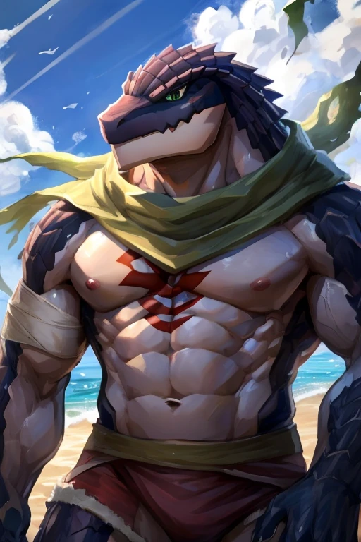 Salusu Shasha, lizard,Solitary,crawler,male,Chest red tattoo,Crocodile,Chest muscles,aldult,4K,Best quality,HD,Topless,Looking at the audience,Chest muscles, Pink nipples,Six-pack abs,Biceps,Anatomically correct,,pride,Soft shadows,Majestic and detailed face,HD的眼睛,green eyes,Black pupil,Grandiose,brave,Confident smile,Strong,Mature,Blue sky and white clouds,underwear,scarf,Blue sky and white clouds,seaside