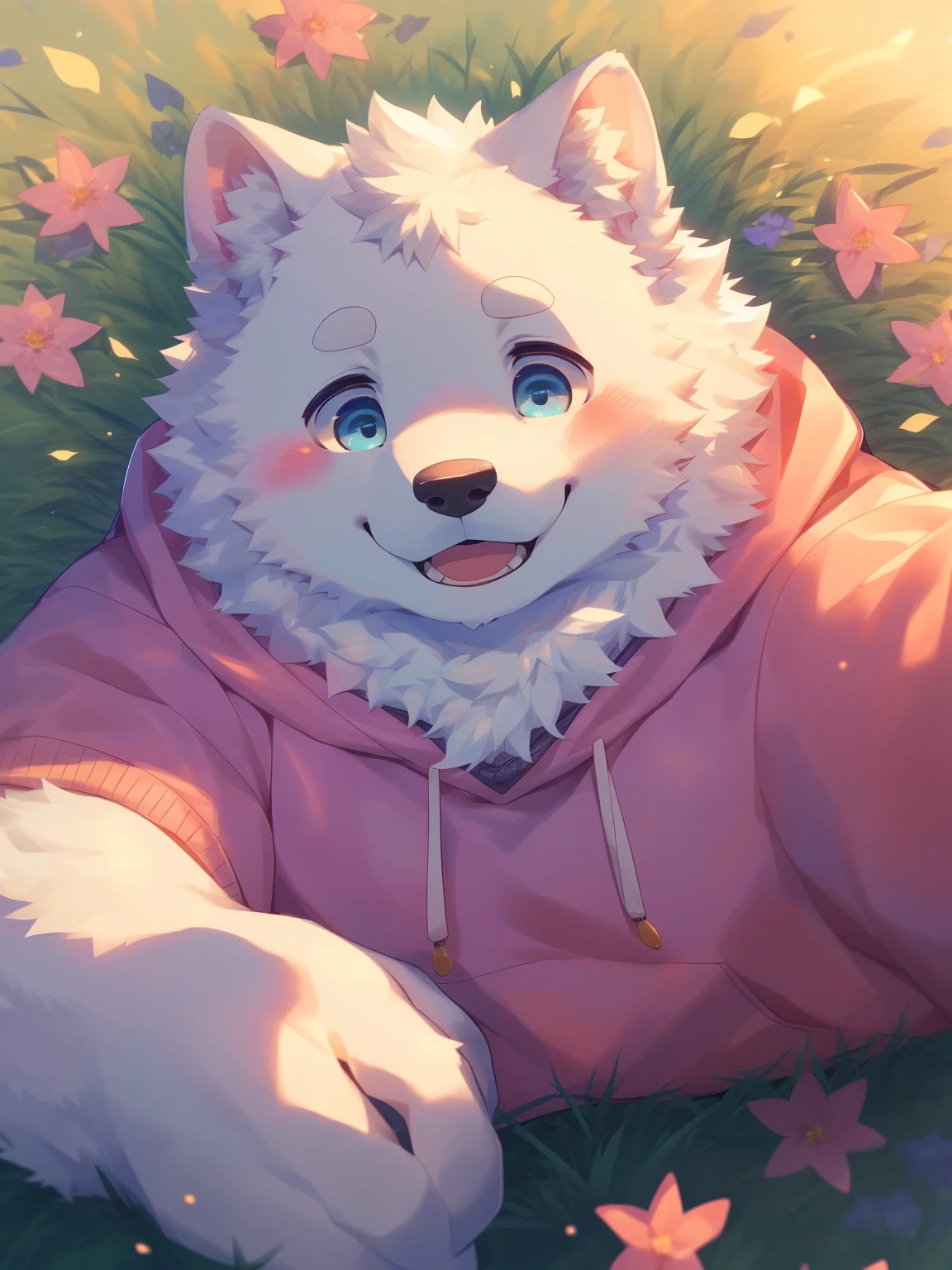 (Imagine:1.5), solitary, anthropology, hairy, hairy male, Samoyed, ((Fluffy fur, Fluffy, hairy body)), (Samoyed print), (thick eyebrows), youth, muscular, The skin is white and big, Blue-gray pupils, Detailed teeth, , sideways, 害羞expression, 淡淡的Smile, blush, (動態posture:1.5), clear facial features, strong, majestic, solitary, panoramic, Fog atmosphere, early morning, Tyndall light effect, (author:ghost of emptiness, From Samoyed20, masterpiece, high quality, High resolution,8K)Animal species**:Samoyed- **expression**:Smile,blush - **decorate**:Blue and pink wreath - **posture**:(lying down:1.2),Hand reaching for the camera - **Scenes**:green grassland - **detail**:There are flowers of various colors on the grassland - **visual angle**:俯視 - Samoyed(lying on the grass:),從俯visual angle度看過去。 - Samoyed的頭部微微傾斜,臉上帶著Smile,There is a slight blush on the cheeks。 - One hand reaches towards the camera,Seems to be greeting the audience。 - Wearing a wreath of blue and pink flowers on her head。 - There are flowers of various colors on the grass,background soft tones,Bright colors。(Pink sweatshirt:)Male Male Male Male (Looking down from a distance:1.2) (night:1 .2) (firefly:1.2)