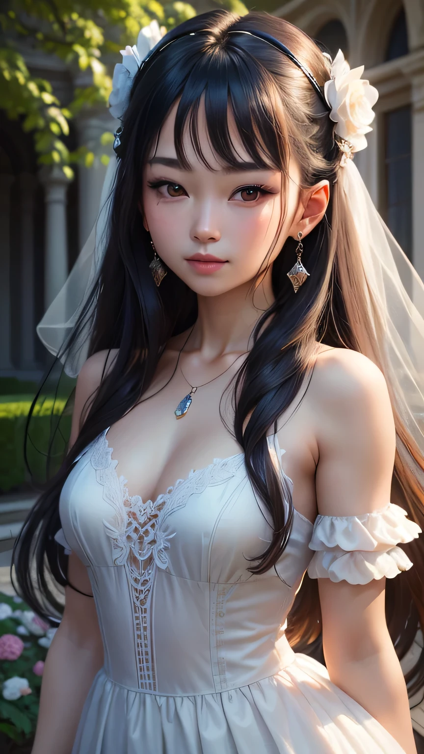 最high quality, masterpiece, High resolution, One girl, clear silk porcelain dress, Beautiful Face, hair accessory, Looking at the audience, smile, Shut your mouth., lips, dress, hair accessory, necklace, jewelry, Long Hair, Earrings, Beautiful Face, On the body, Tidal effect, realism, Dark studio, Edge lighting, Two-tone lighting, (Skin with attention to detail: 1.2), 8K Ultra HD, Digital SLR, Soft Light, high quality, Volumetric lighting, photograph, High resolution 4K, 8K,  (Dynamic pose)､ masterpiece, 最high quality, high quality, High resolution､In the garden of a mansion､(Upper body portrait)､In the mansion&#39;s garden