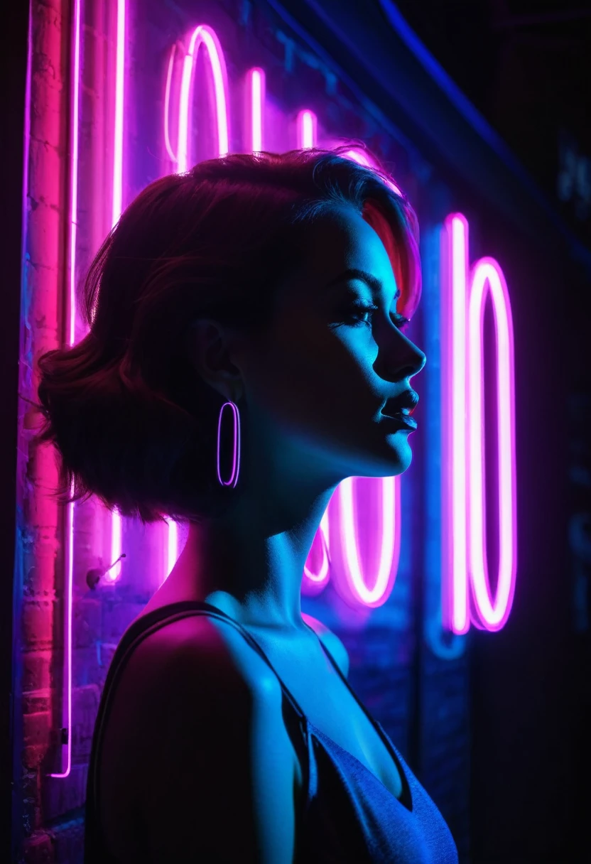 Side face silhouette,Shadow of beautiful woman under neon sign,Huge neon signboard,(Neon sign with text:1.5)