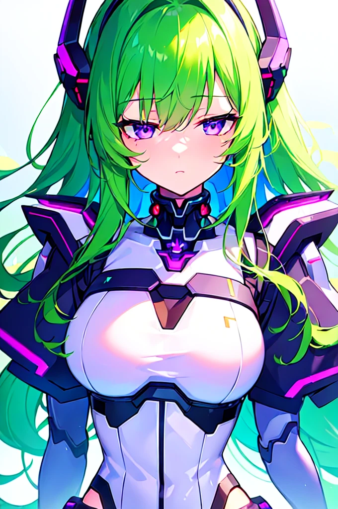 [(WHITE BACKGROUND:1.5),::5], ((((masterpiece)))), high quality, ultra very high resolution, full color, (((solo))), ((Mecha musume)), Mecha girl, ((Green hair)), (Purple eyes), anime, upper body, neon light, cyborg body, (Purple neon effect:1.2)