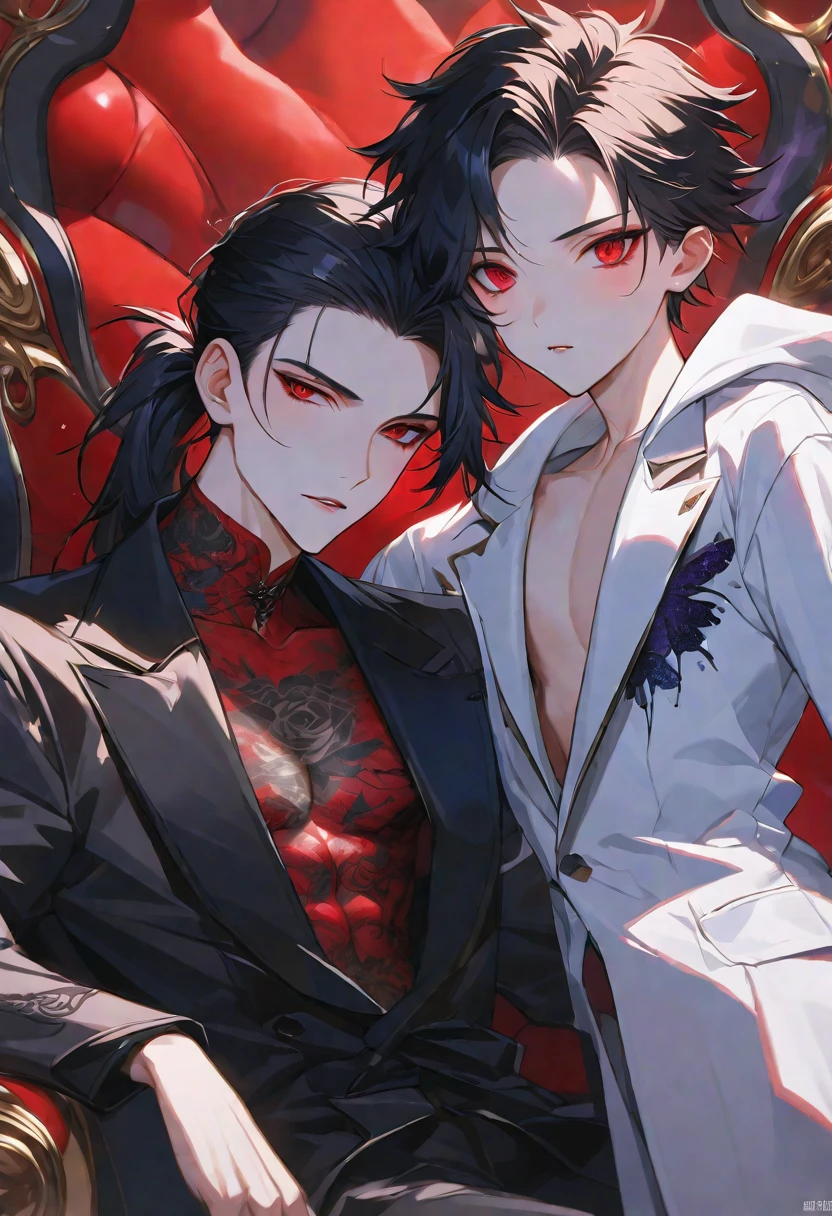 独奏, handsome, Glossy feel,
1. male,
bangs,Straight Hair, ponytail,
black hair,
Gojo Satoru,
red Eyes,Soft look,beautiful,beautiful,sexly,Darkness,butterfly Tattoo,black Rose Tattoo,devil, double tooth,
oversized black coat,clavicle,Stylish,
skin,Black Rose,Alluring,sexly,
throne,
red background,Close-up,