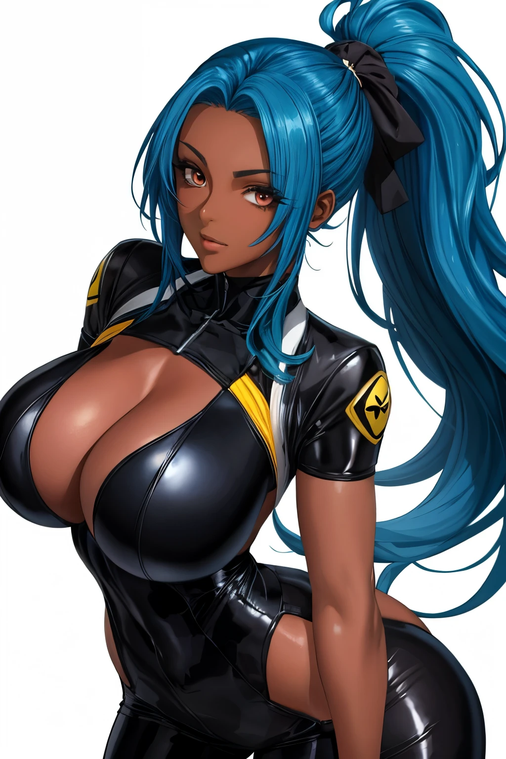 Long Hair,Blue Hair,ponytail,(Hair on one eye:0.8),(Dark Skinned female:1.2), (Dark Skin:1.1),Bodysuits,Big Breasts,Shiny skin,White background
 
