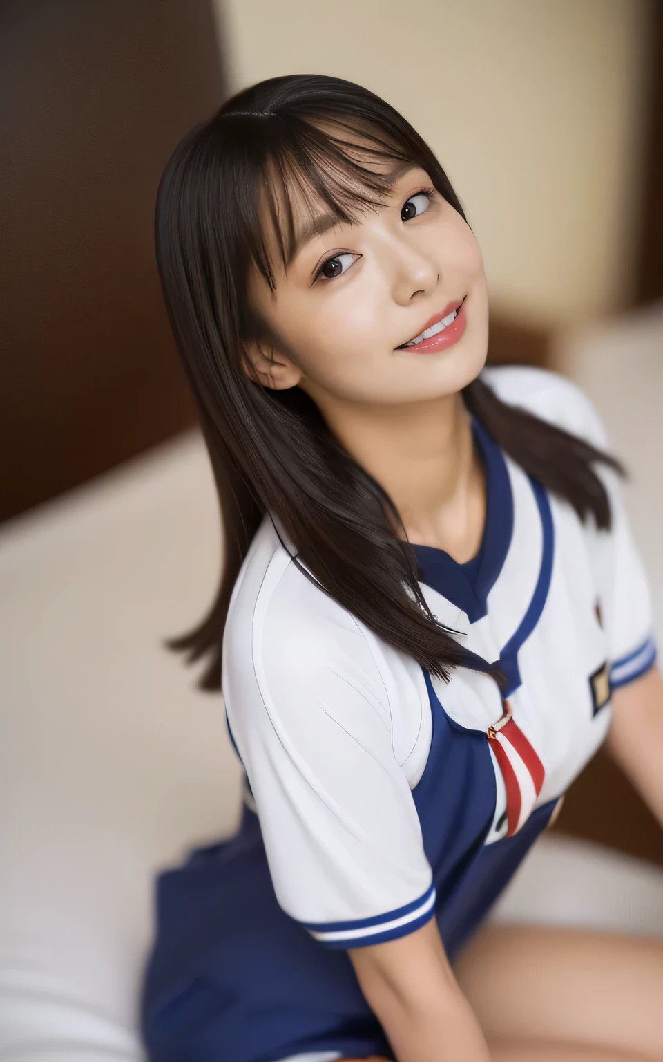 (Wearing the uniform of the Japanese national soccer team,She loves soccer:2.0), (Very good, The shape of the nipples is visible,Beautiful thighs, Ultra-detailed skin,Small pores in the skin:1.5), ((She is sitting on the bed with her legs stretched out, She leans forward and presses her breasts against, She is writhing with pleasure, Her body is incredibly beautiful and stylish, I touch her from her chest to her whole body.., Her face is so cute when she feels it :1.3)), ((22 years old, Beautiful college girl, Sexy Body, She loves sex, I'm looking forward to:1.4)), ((Small breasts, Flat Chest:1.2)), ((Bedroom at home, Complete darkness:1.4)), Eye focus, Narrow shoulders, Beautiful clavicle, length, Thin arms, Thin legs, The back of the hand is beautiful and feminine, Slim figure, Soft belly, Tight waist, Highly detailed face, super detailed breasts, Ultra-detailed skin, Fair skin, Shiny skin, Ultra-detailed lips, Fuller lips, Glossy pink lips, Blushed, White teeth, Beautiful actress makeup, Annuit Makeup, Pink lipstick, Dark brown hair, Delicate and soft hair, (Put your hair up, Fluffy short bob, ponytail:1.2), (Sweep your bangs to the side:1.2), (Stylish earrings,necklace:1.2),