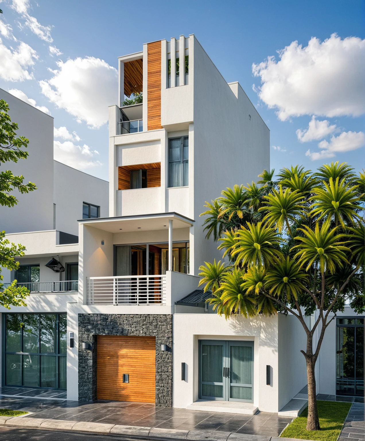 Masterpiece, high quality, best quality, authentic, super detail, outdoors, onestoreyvillaXL, aiaigroup, house style modern on the street ,stairs, white wall ,road,pavement, grass, trees, sky, cloud, (daylight:1.1)