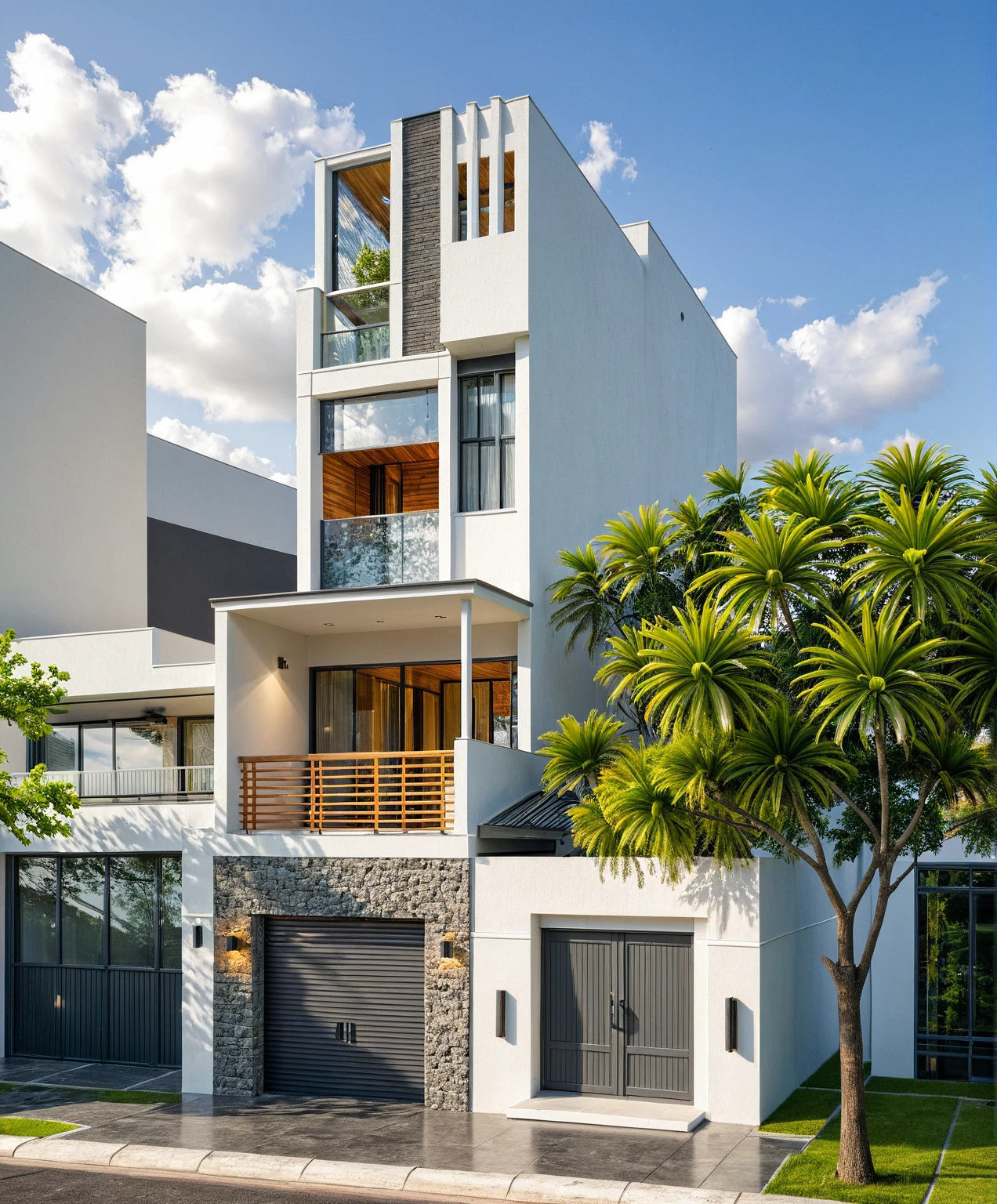 Masterpiece, high quality, best quality, authentic, super detail, outdoors, onestoreyvillaXL, aiaigroup, house style modern on the street ,stairs, white wall ,road,pavement, grass, trees, sky, cloud, (daylight:1.1)
