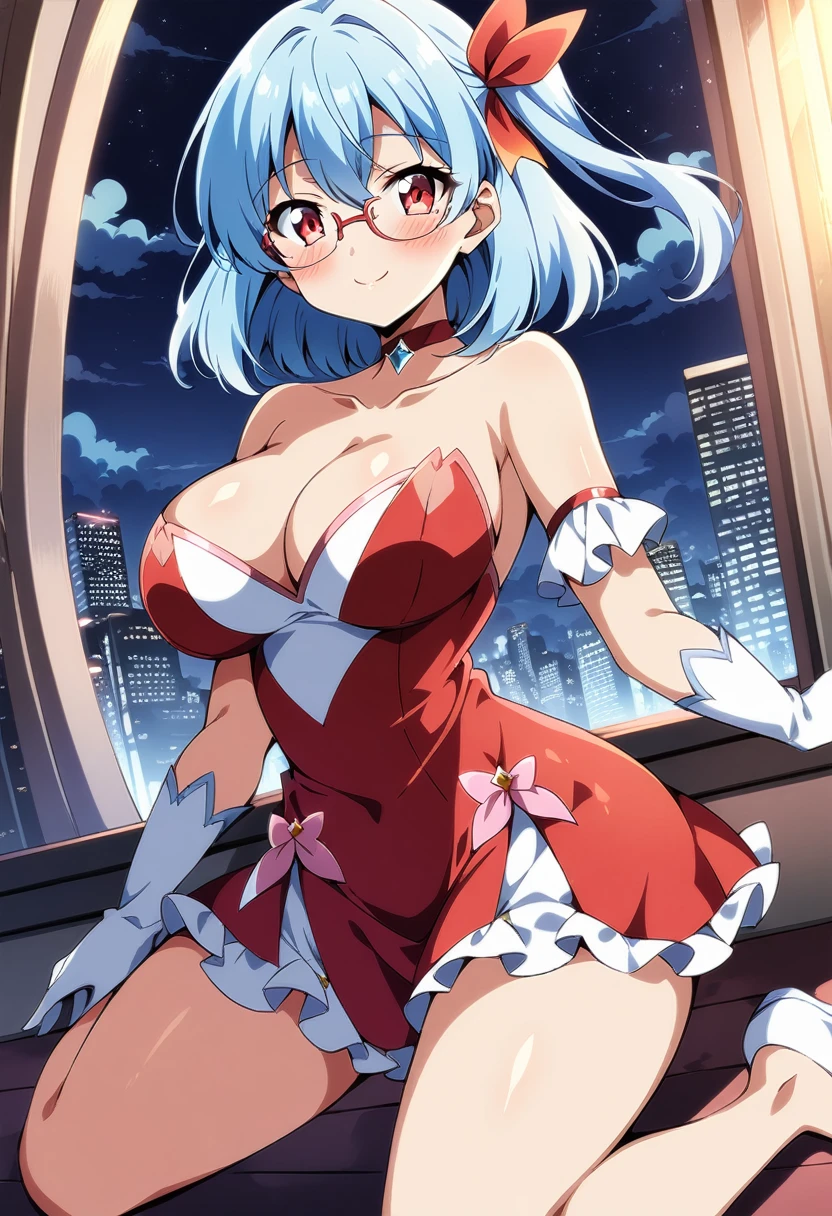 (anime art style), masterpiece, best quality, very aesthetic, absurdres, 1girl, solo, red eyes, light blue hair, medium hair, one side up , bangs, hair between eyes, hair ribbons, red dress, magical girl dress, short sleeves, strapless, choker, white gloves, glasses, white high heels, thighs, big breasts, blush, smile, sexy, collarbone, cleavage, ((cowboy shot)), ((from front)), window, city, sky, clouds, night, (wariza), (looking at viewer:1.0)