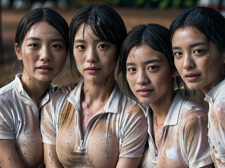 (A plain white short sleeved, very tight, white half zip, soiled gym uniform:1.7)、(A large, dirt-stained, white, square collar: 1.6)、(Red clay ground:1.5)、My hair is wet and messy、(Beautiful Japanese woman covered in dirt:2.1)、Highest quality, masterpiece, Ultra-high resolution, Photorealistic, Raw Photos,Detailed face,(Muscular woman:1.4), (Fastener open: 1.8), (Upper body zoom up:1.0),(Everyone wears the same clothes:1.0), All members are super beauties, (Group photo of beautiful Japanese women huddled together: 1.7), (Hair tied up: 1.4), (Gentle expression:2.1), Bright photo, (My whole body is drenched in rain: 1.6), (Covered in mud and earth: 1.2)