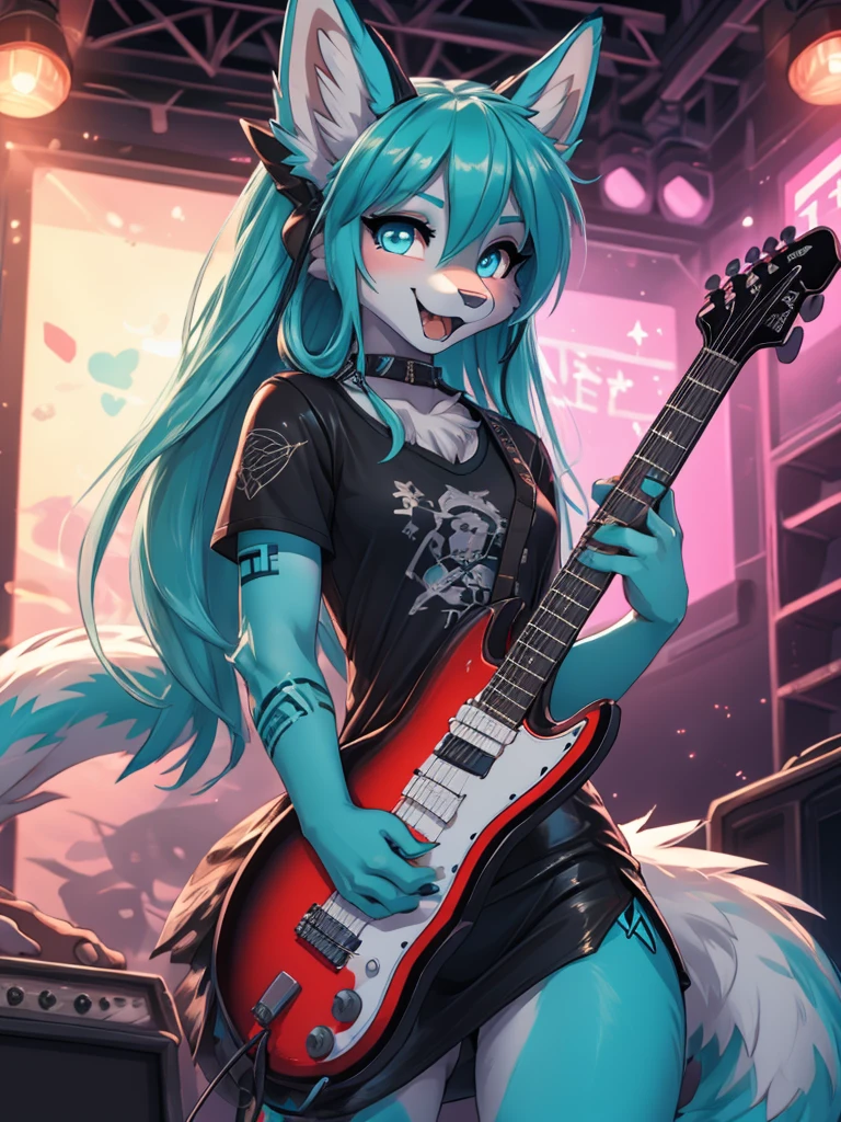 Miku Hatsune, high definition add_detail:1, blue fur,kitsune ears, tribal tattoo add_detail:1 cute high school clothes, pretty girl add_detail:3 18 year old girl, short black lycra, black metal t shirt, flirty look add_detail:3, hands rock sign, shouting add_detail:1, playing a electric guitar on stage add_detail:1