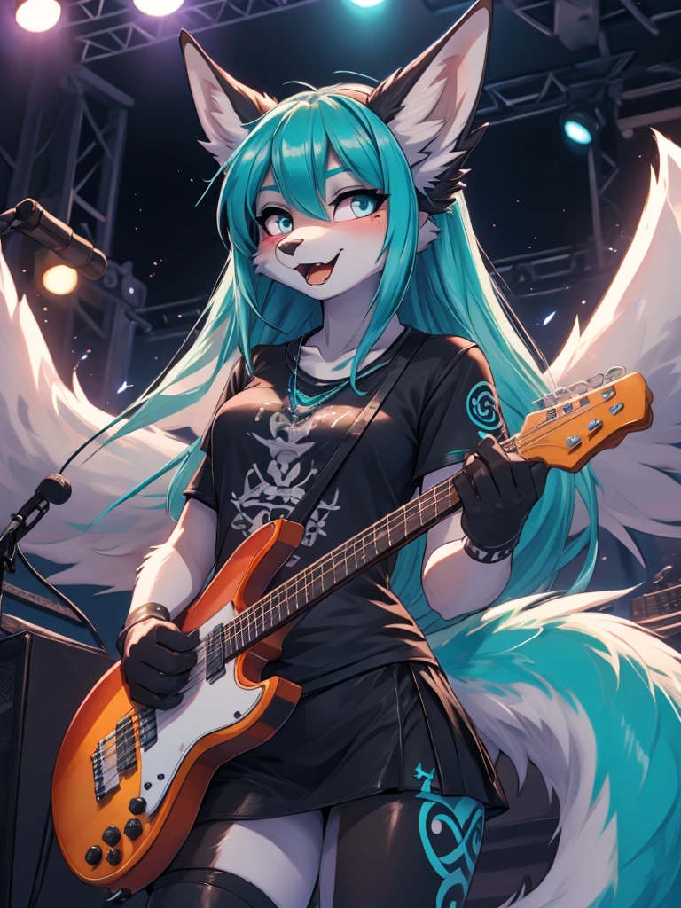 Miku Hatsune, high definition add_detail:1, blue fur,kitsune ears, tribal tattoo add_detail:1 cute high school clothes, pretty girl add_detail:3 18 year old girl, short black lycra, black metal t shirt, flirty look add_detail:3, hands rock sign, shouting add_detail:1, playing a electric guitar on stage add_detail:1