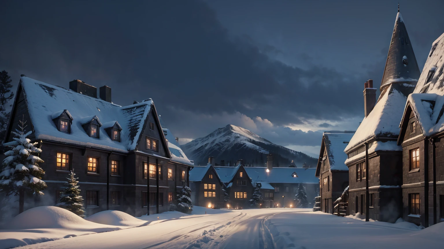 snow weather front view of harry potter school, harry potter school