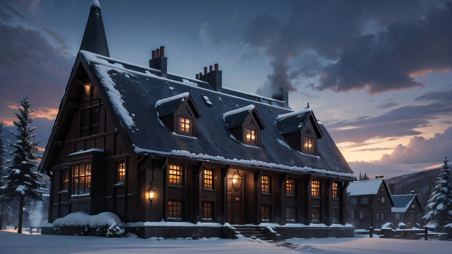 snow weather front view of harry potter school, harry potter school
