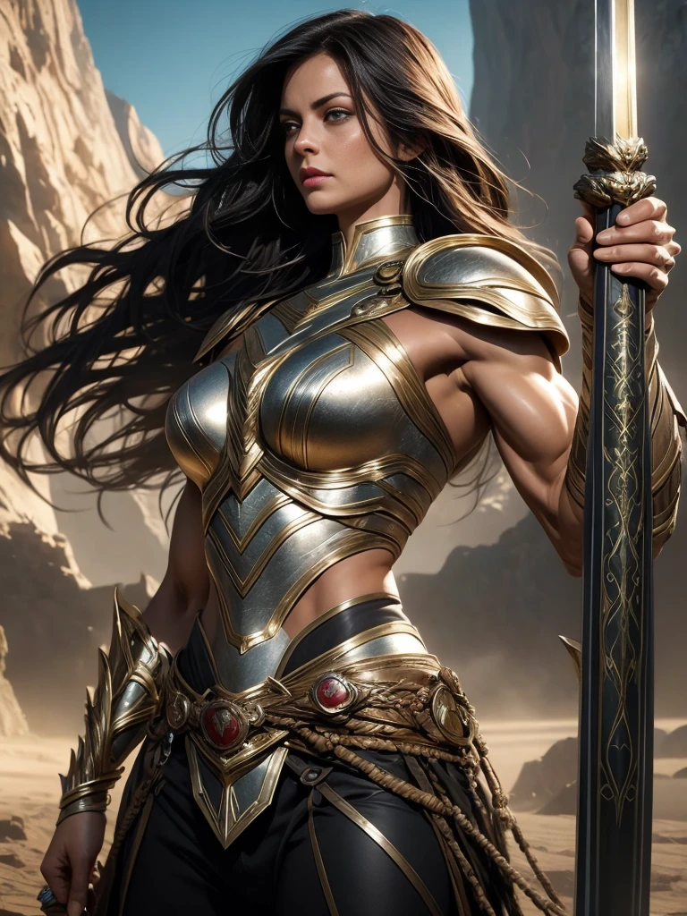 Erica Durance as a Asgard,valkyrie,Upper Body shot,green eyes,long flowing black hair, fitness muscular woman, Senhora Cavaleiro,elaborate decorative silver battle armor,Anatomia correta，holding a magical big sword, epic fantasy digital art, masterpiece，8k，high-definition resolution，desenho detalhado，Qualidade Superior，, Epic composition, muscular body