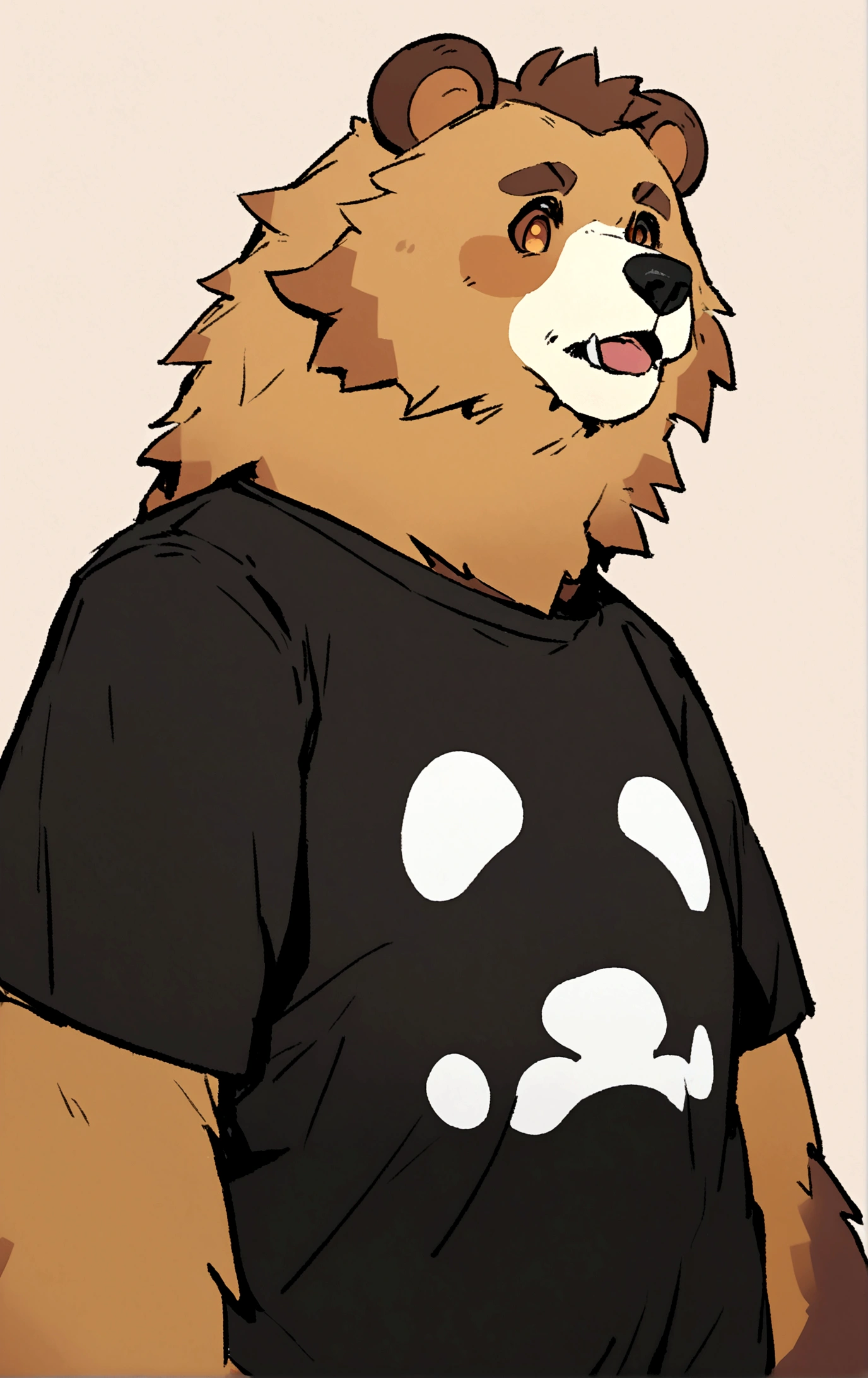 a grizzly bear fursona with brown eyes wearing a black t-shirt.