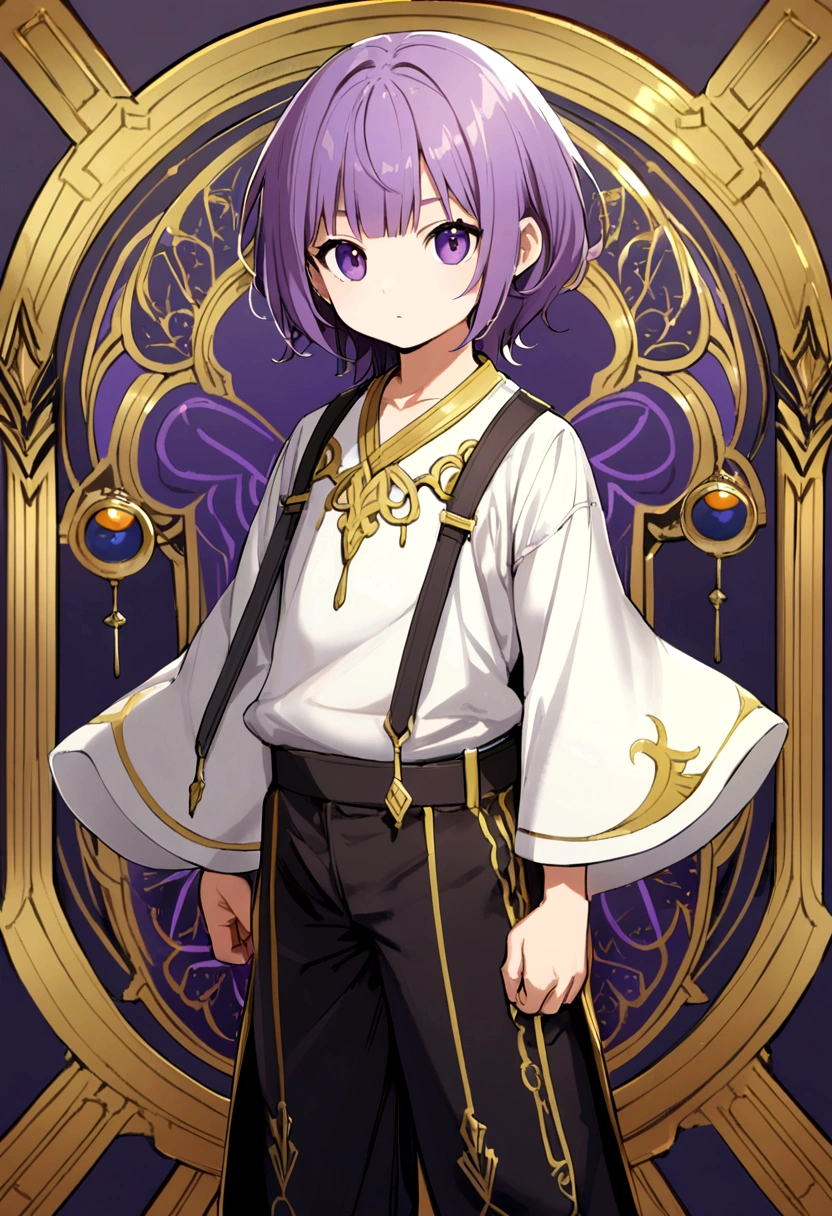 6 year old boy, purple hair with bangs, dark purple eyes, black 2-strap pants, white t-shirt with yellow trim.