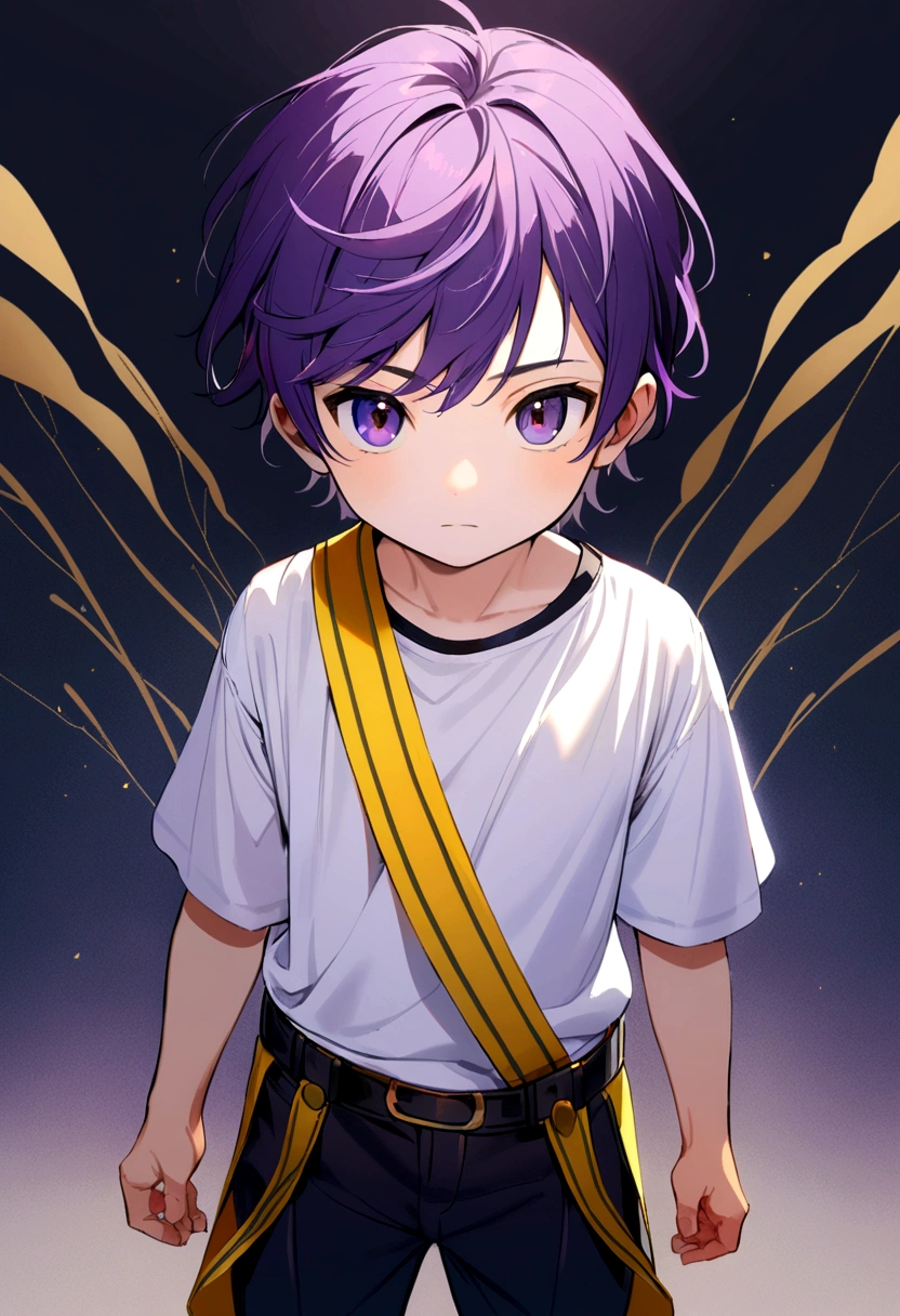 6 year old boy, purple hair with bangs, dark purple eyes, black 2-strap pants, white t-shirt with yellow trim.