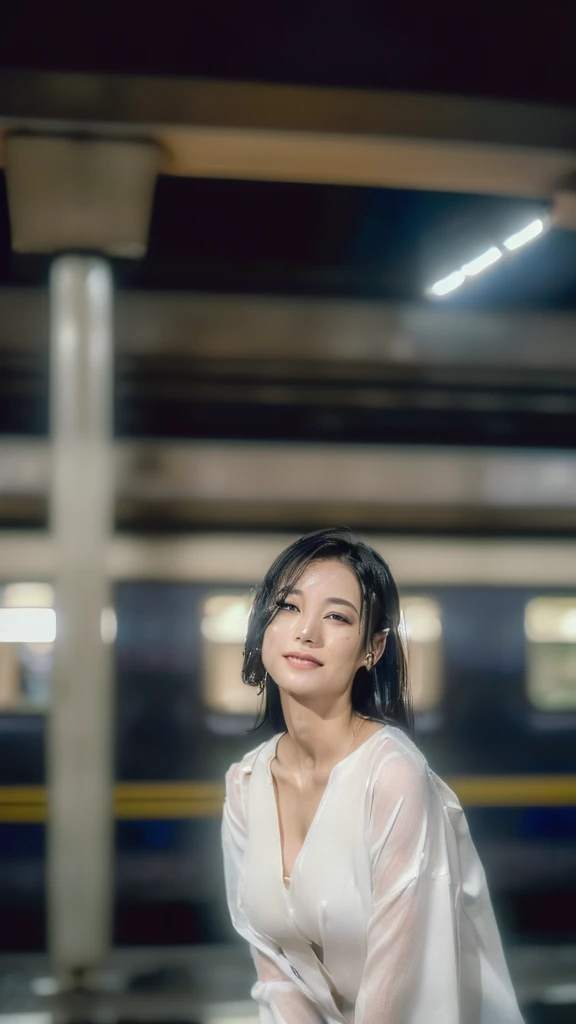 (((Very realistic frontal American shots of beautiful Japanese actresses taken by professional photographers, very Seductive pose, 32k, 7 heads、looking at viewer, Staring Intently :1.5))),(A pure white, extremely thin fabric business short-sleeved open-neck shirt with a wide V-neck, Soaking wet:1.4)。((Highest quality)), ((masterpiece)), (((detailed))), (midnight ,A modern train station platform in Tokyo on a dark, pouring, stormy night, Low Key Lighting:1.6)、(((A very beautiful, extremely elegant and intelligent 39-year-old Japanese woman。Very intelligent and goddess-like face。An extremely elegant, calm and modest smile, Being drunk、My eyes are quite watery、I&#39;m very horny、embarrassed ,blush, Curvy Body:1.9)))、(((A short, well-groomed, shiny black haircut。The skin is white and very smooth。A very hot rainy summer night、I&#39;m pretty sweaty、My clothes were soaking wet and transparent、When wet, it sticks perfectly to your skin, revealing your beautiful body lines.、Through the extremely thin fabric, her skin and her navy blue, lacy, high-end underwear are clearly visible.:1.9)))。(((A simple and elegant business pencil skirt in a plain navy blue knee-length,The clothes fit the body very well:1.8))), (Healthy Body、The line of the chest, collarbone and décolletage are extremely beautiful.:1.9)。She is looking straight at the camera with a very shy look on her face.。Light makeup and no piercings,A simple and modest pearl necklace、(((She is holding her crotch tightly with both hands over her skirt.、large chests )))