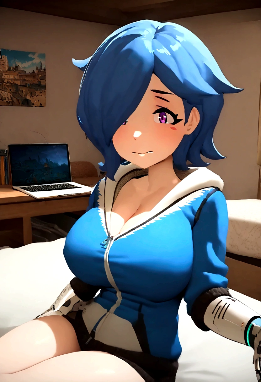 Best quality, masterpiece, huge bulging breasts, cybernetic left arm, bedroom, gaming laptop in background, sitting on a bed, sexy,